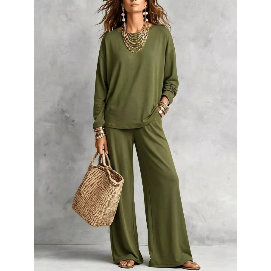 Round Neck T-Shirt and Wide-Leg Pants Set Apparel and Accessories