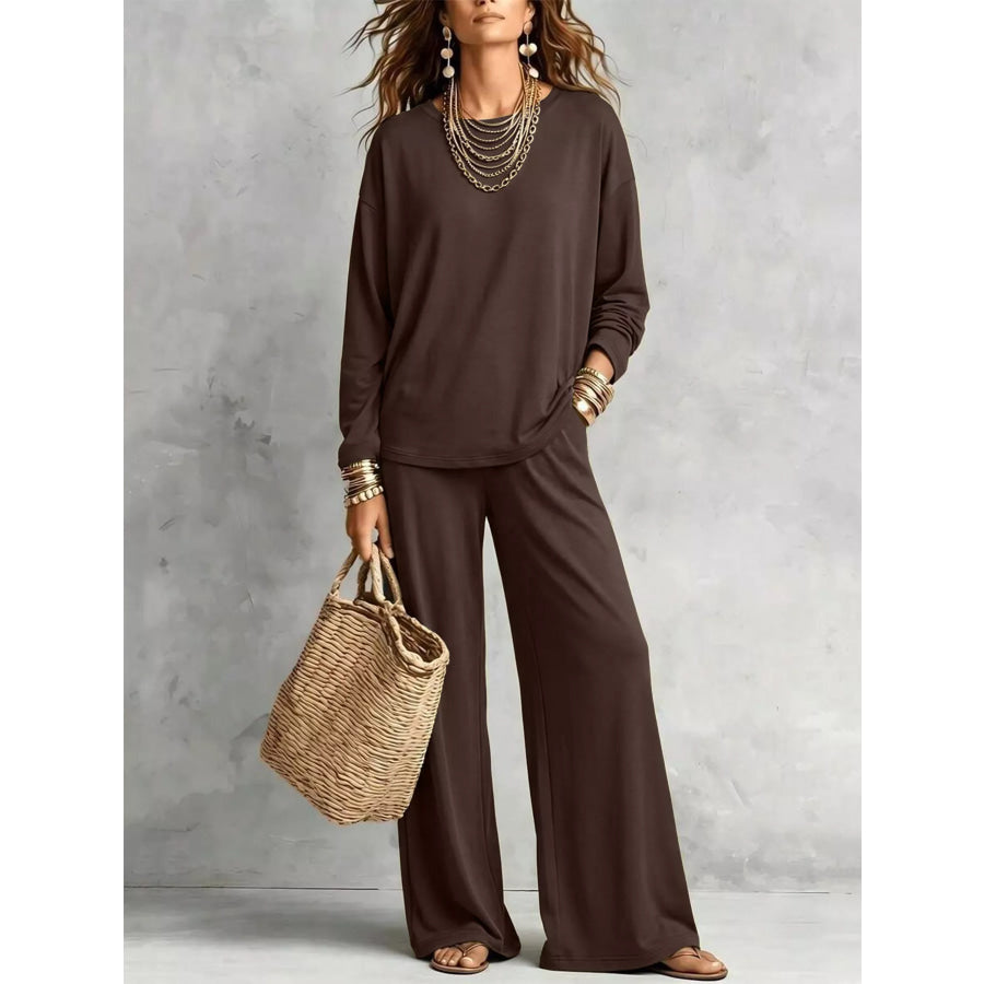 Round Neck T-Shirt and Wide-Leg Pants Set Apparel and Accessories
