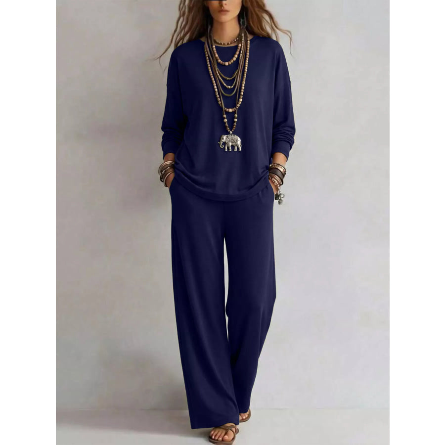 Round Neck T-Shirt and Wide-Leg Pants Set Apparel and Accessories