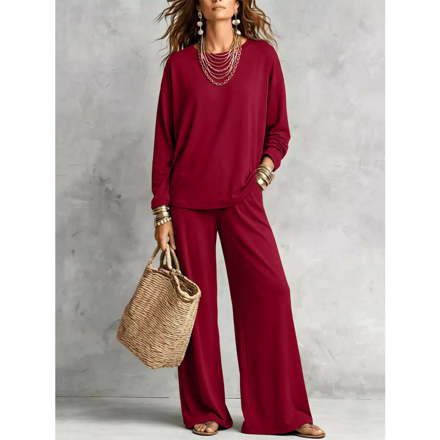 Round Neck T-Shirt and Wide-Leg Pants Set Apparel and Accessories