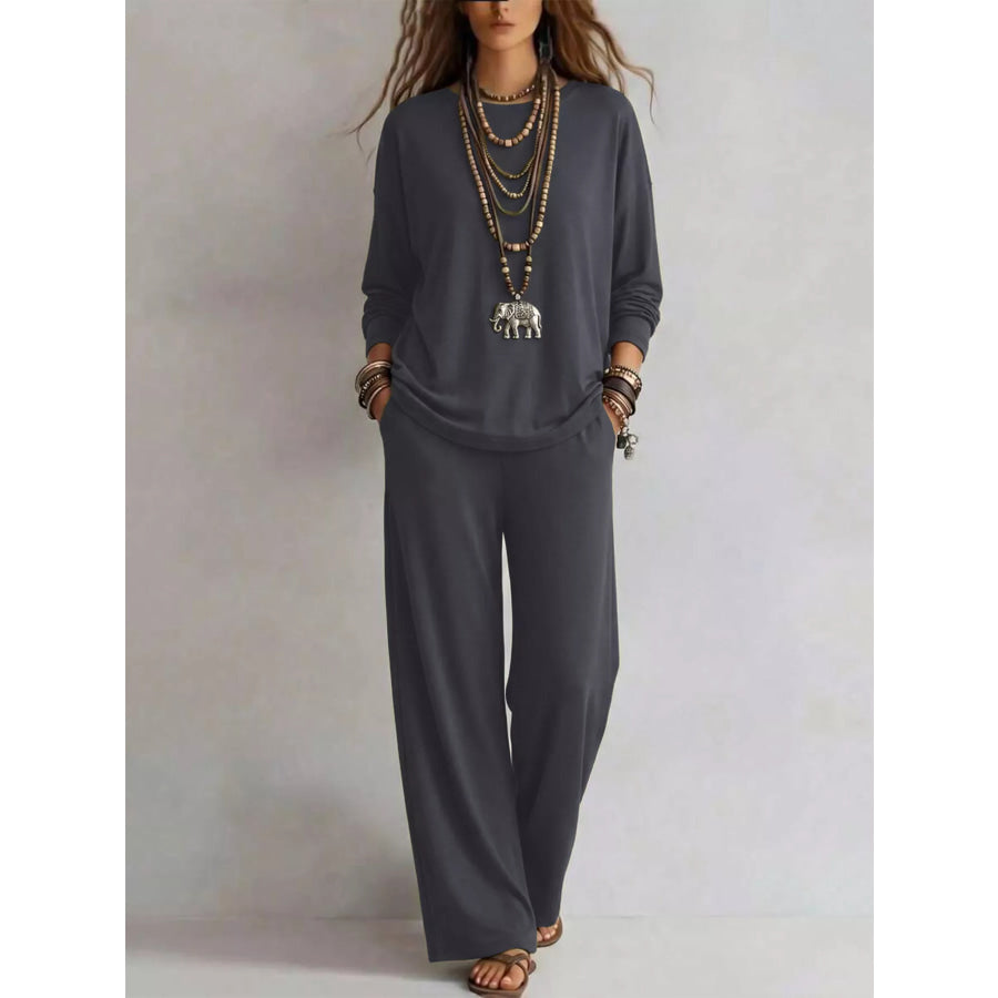Round Neck T-Shirt and Wide-Leg Pants Set Apparel and Accessories