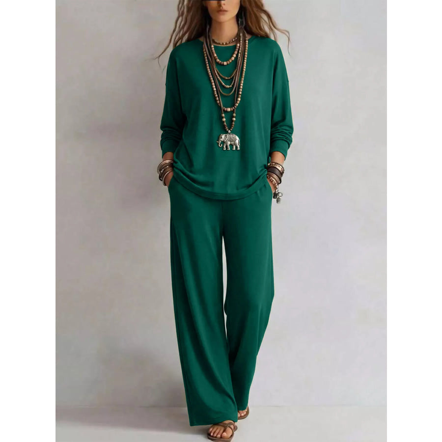 Round Neck T-Shirt and Wide-Leg Pants Set Apparel and Accessories