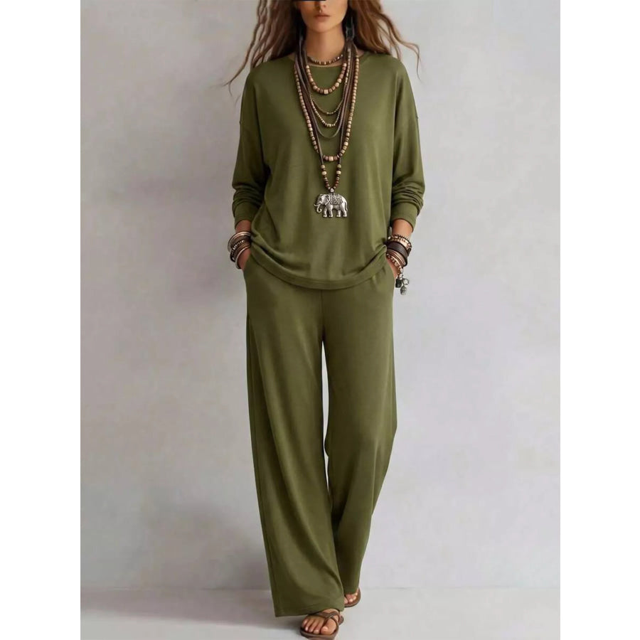 Round Neck T-Shirt and Wide-Leg Pants Set Army Green / S Apparel and Accessories