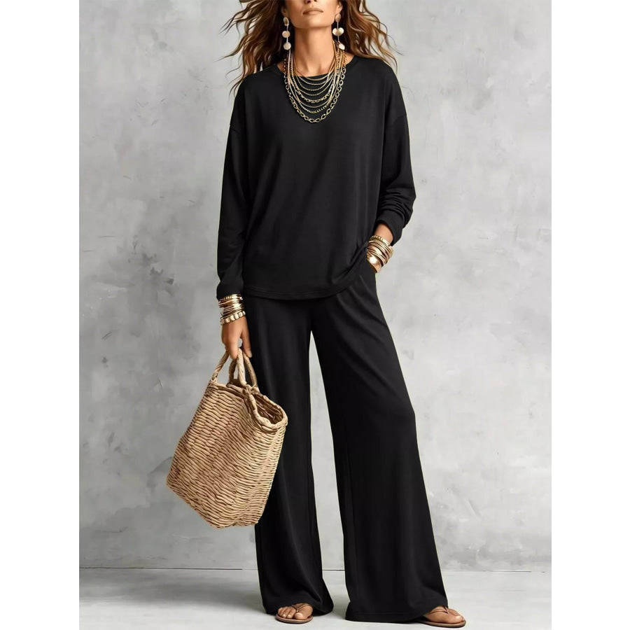 Round Neck T-Shirt and Wide-Leg Pants Set Black / S Apparel and Accessories