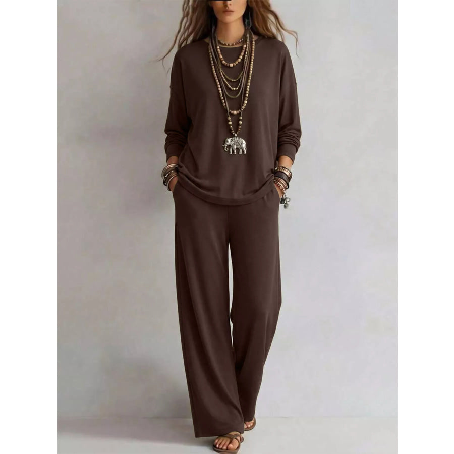 Round Neck T-Shirt and Wide-Leg Pants Set Brown / S Apparel and Accessories