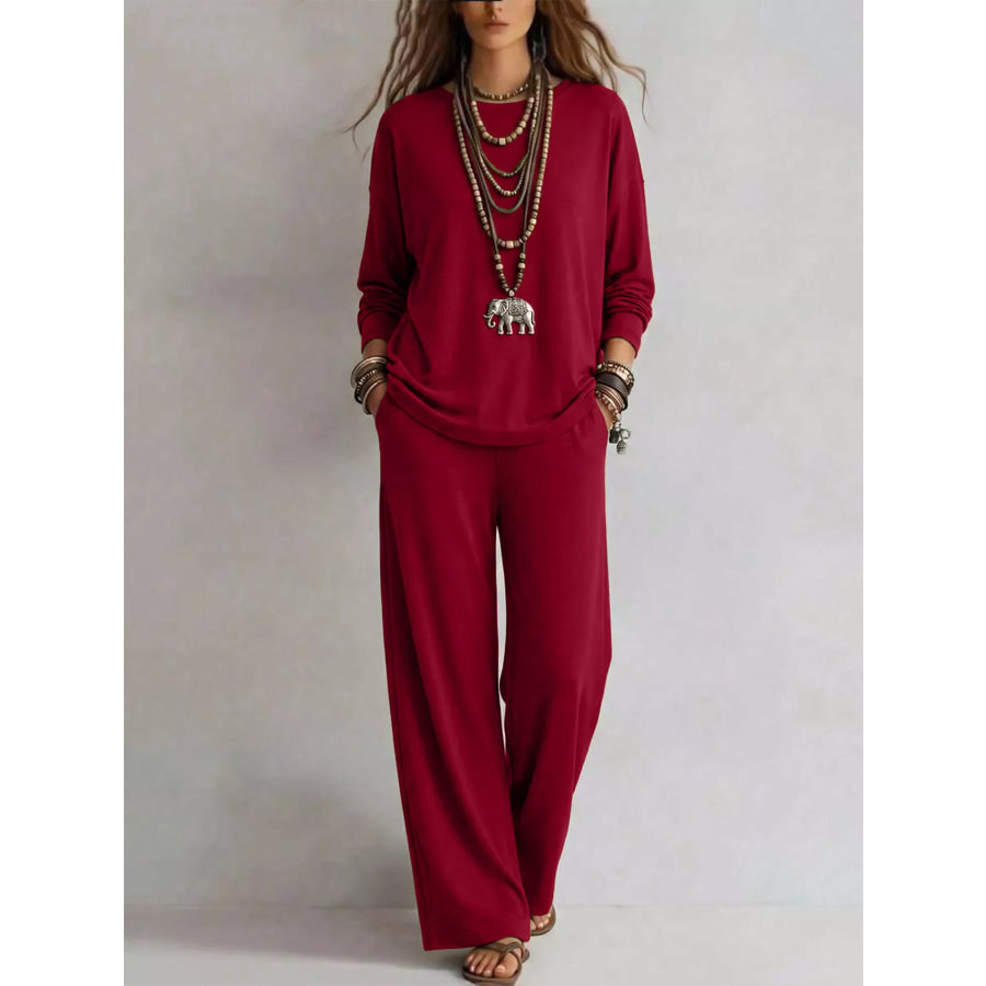 Round Neck T-Shirt and Wide-Leg Pants Set Burgundy / S Apparel and Accessories