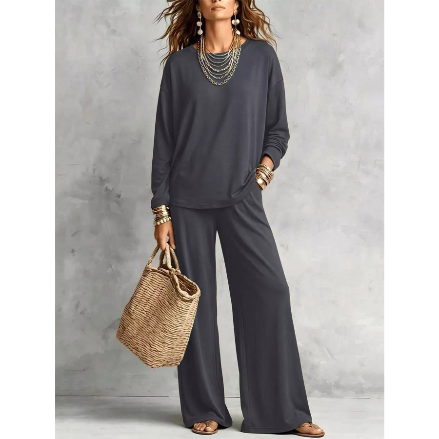Round Neck T-Shirt and Wide-Leg Pants Set Dark Gray / S Apparel and Accessories