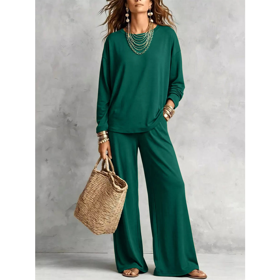Round Neck T-Shirt and Wide-Leg Pants Set Dark Green / S Apparel and Accessories