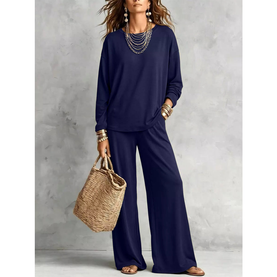 Round Neck T-Shirt and Wide-Leg Pants Set Navy / S Apparel and Accessories