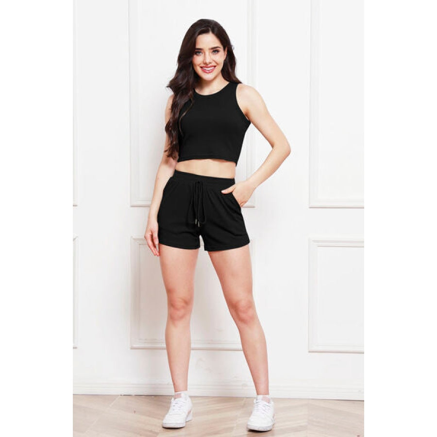 Round Neck Tank and Drawstring Shorts Set Black / S Clothing