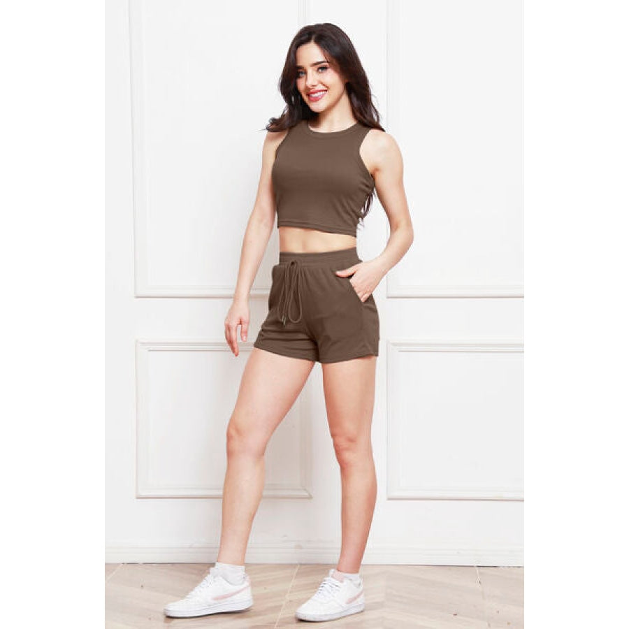 Round Neck Tank and Drawstring Shorts Set Taupe / S Clothing