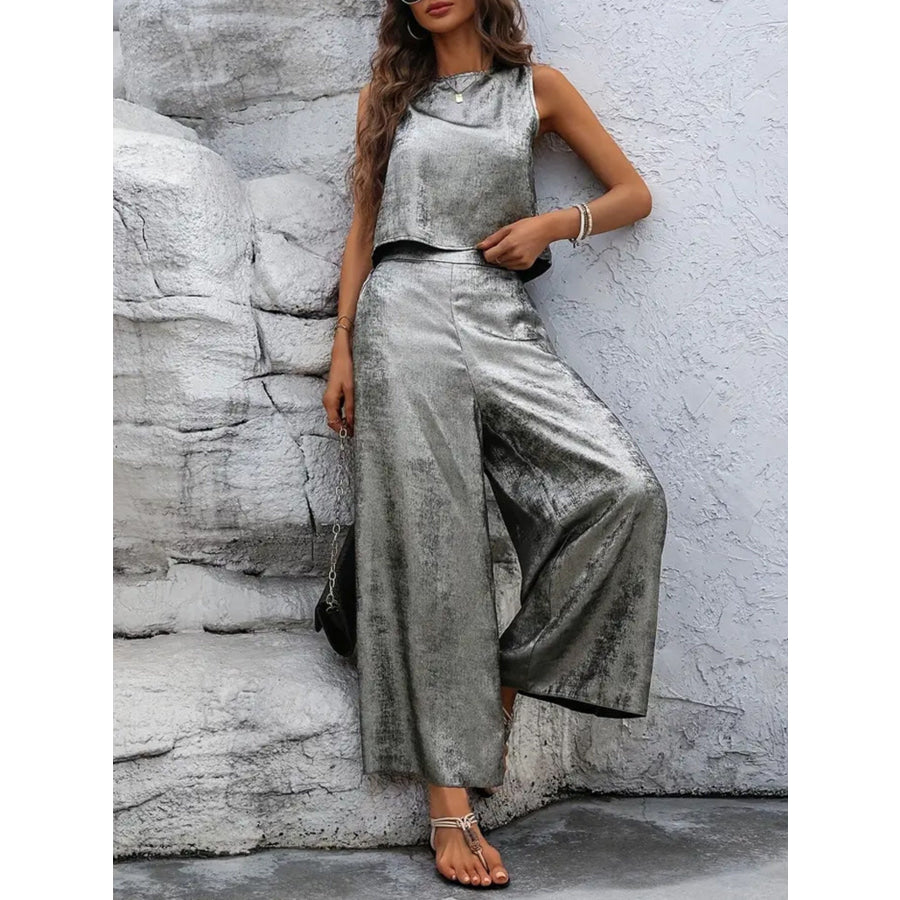 Round Neck Tank and Pants Set Apparel and Accessories