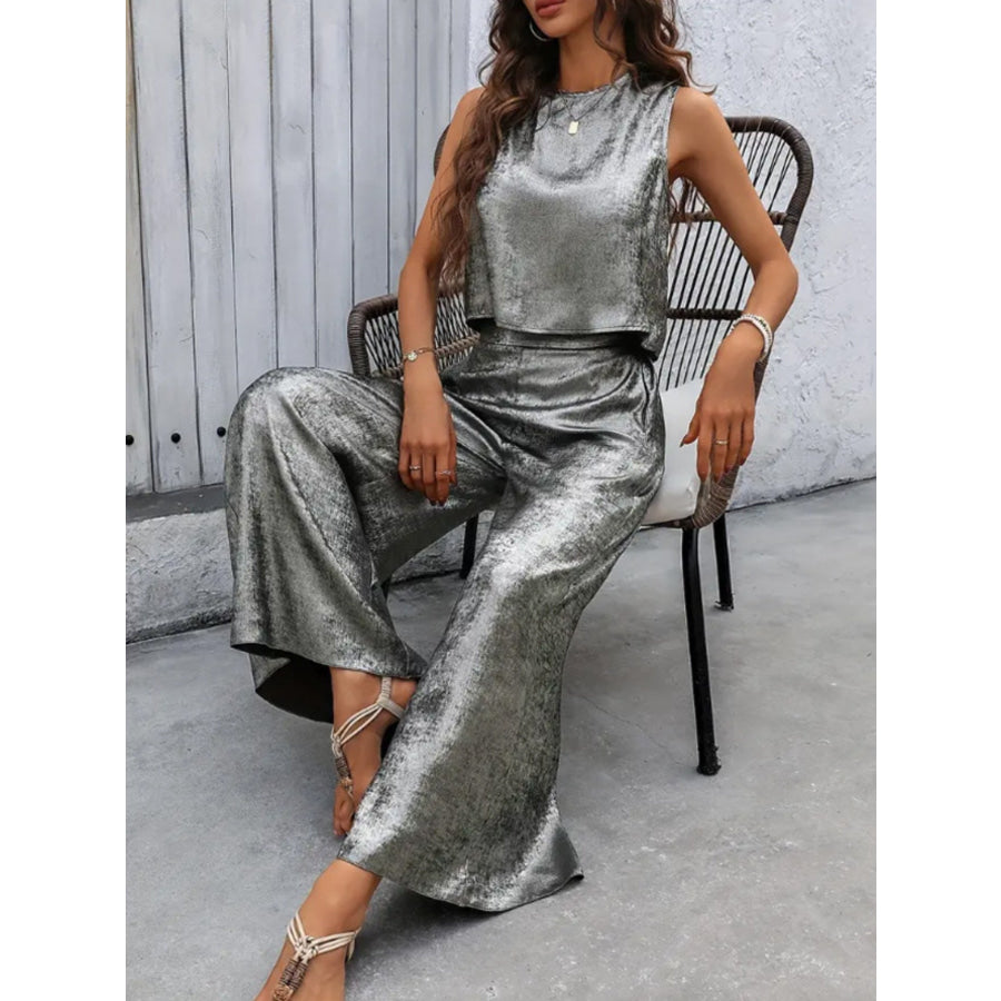Round Neck Tank and Pants Set Apparel and Accessories