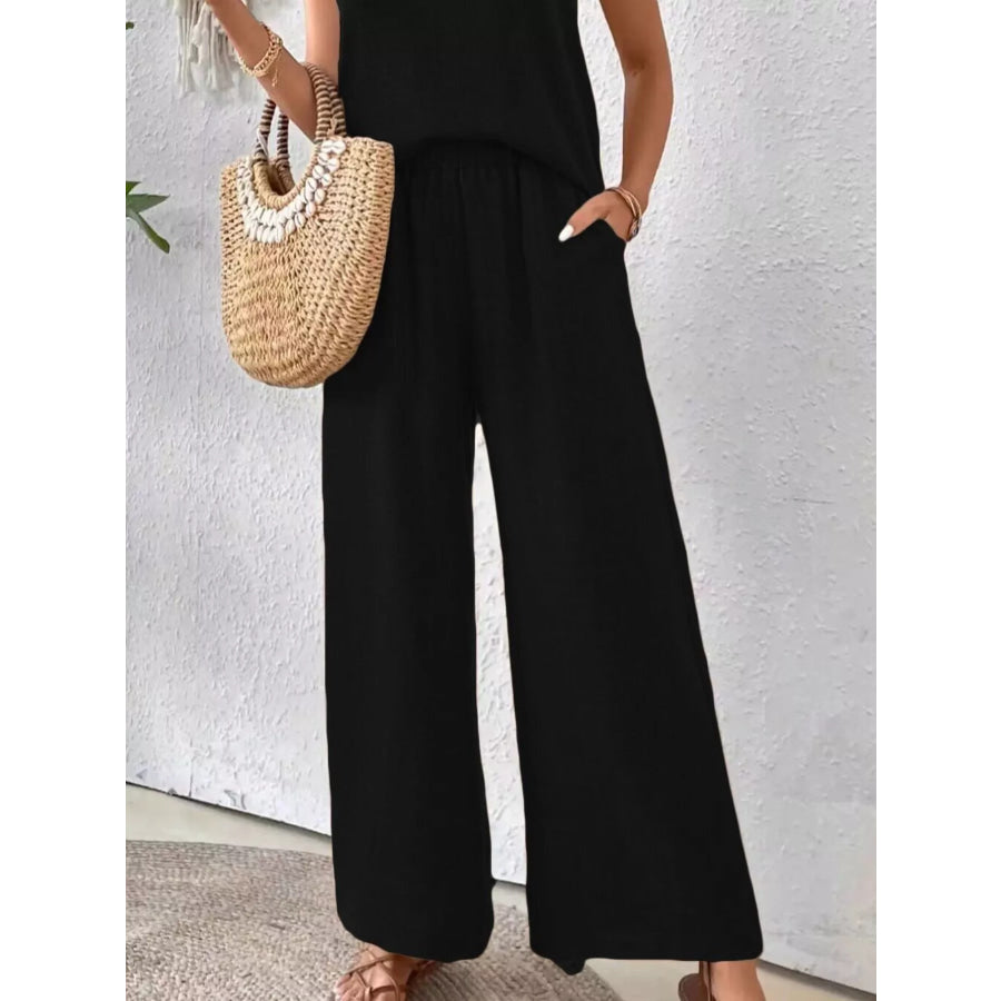 Round Neck Tank and Pants Set Black / S Apparel and Accessories