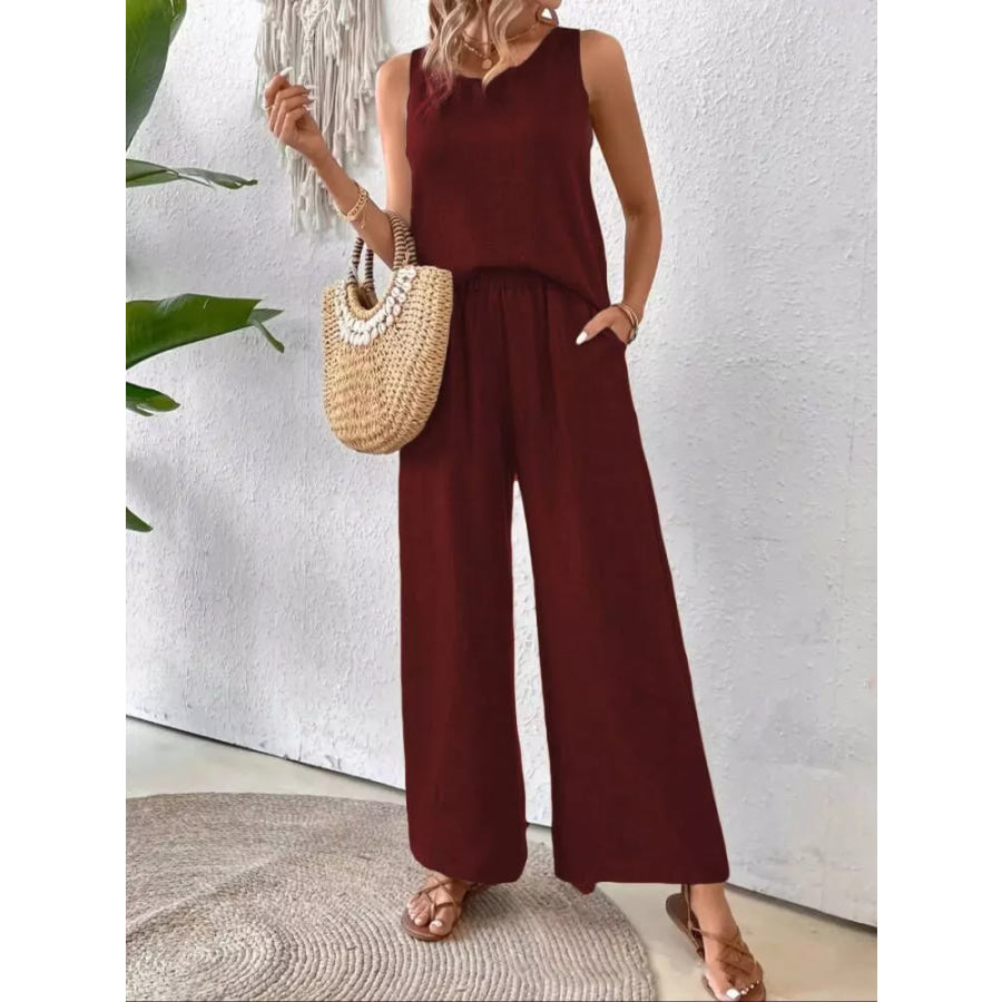 Round Neck Tank and Pants Set Burgundy / S Apparel and Accessories