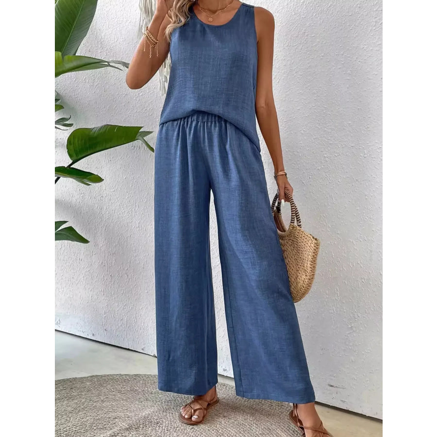 Round Neck Tank and Pants Set Dark Blue / S Apparel and Accessories