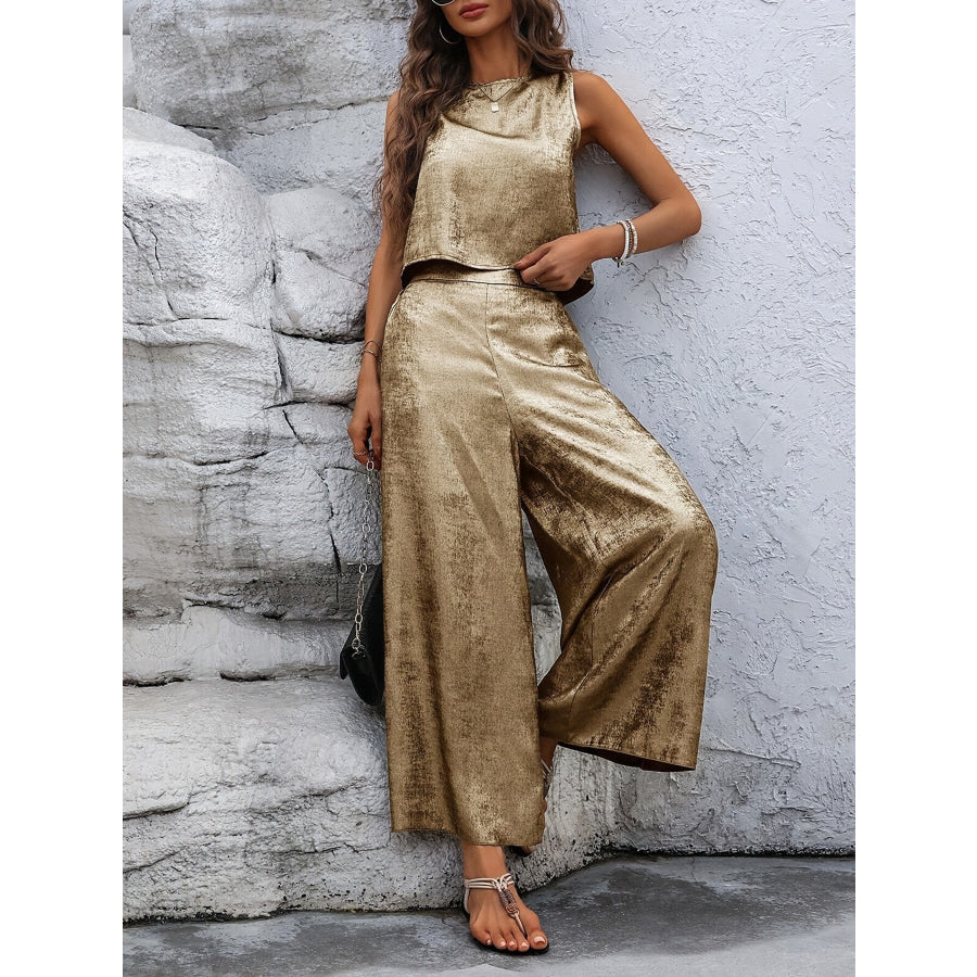 Round Neck Tank and Pants Set Gold / S Apparel and Accessories