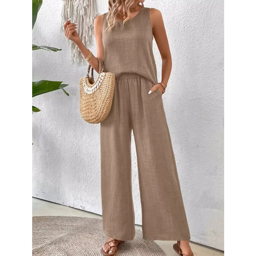 Round Neck Tank and Pants Set Taupe / S Apparel and Accessories