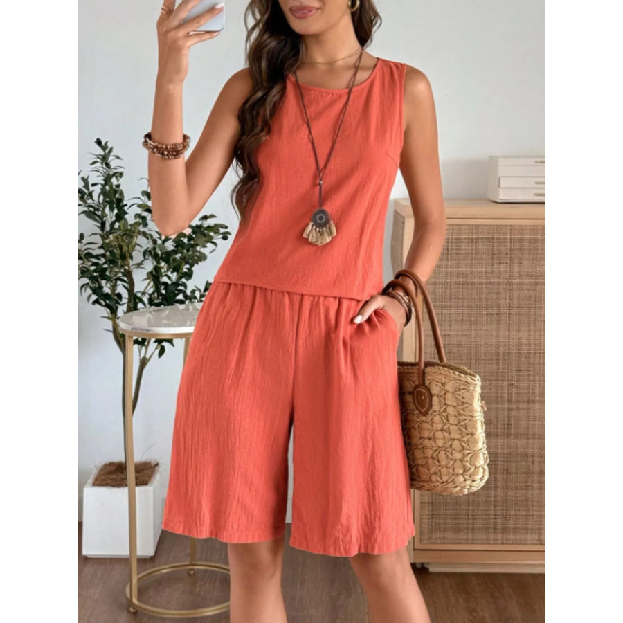 Round Neck Tank and Shorts Set Orange-red / S Apparel and Accessories