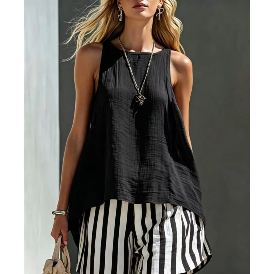 Round Neck Tank and Striped Shorts Set Black / S Apparel and Accessories