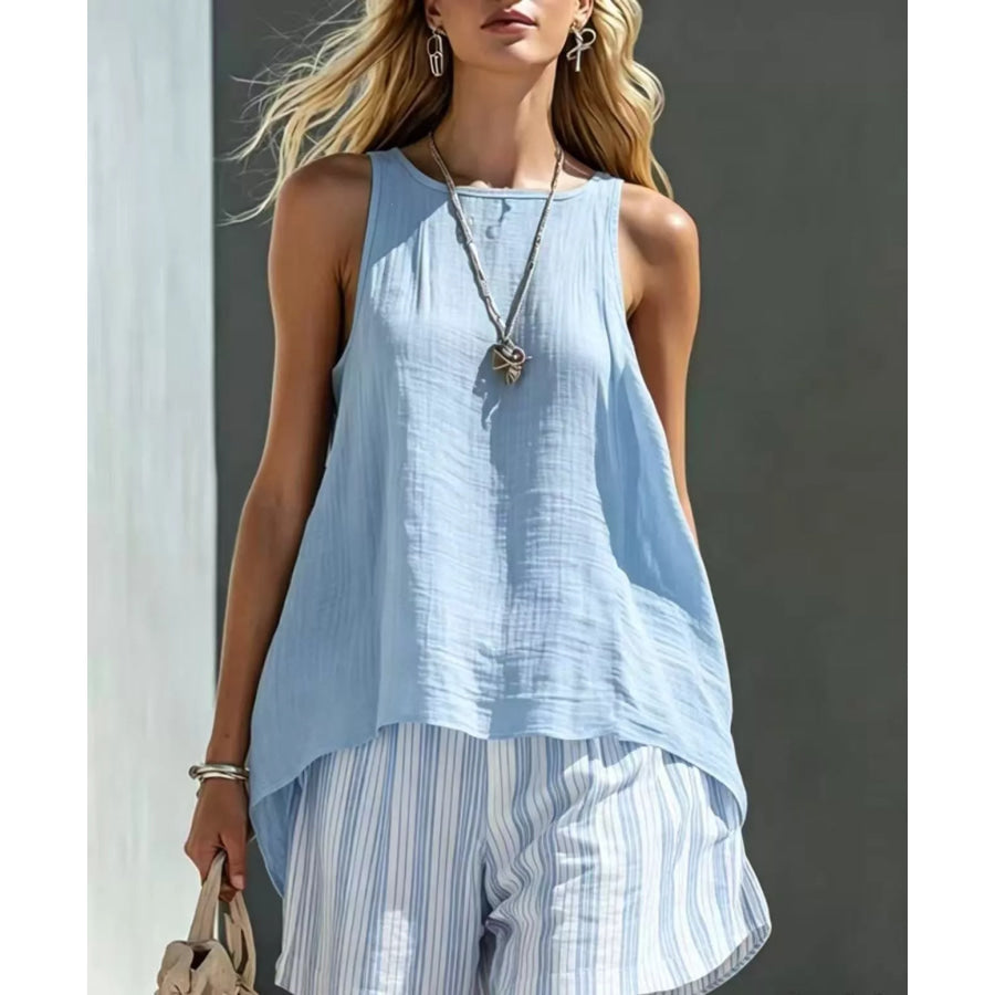 Round Neck Tank and Striped Shorts Set Light Blue / S Apparel and Accessories