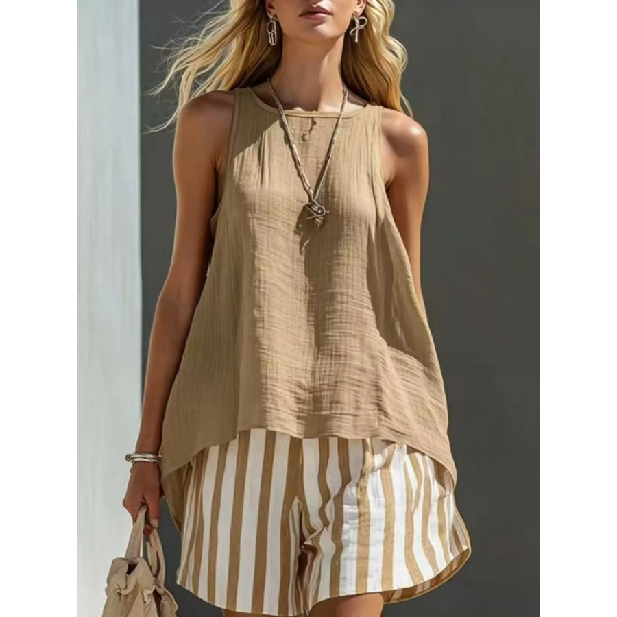Round Neck Tank and Striped Shorts Set Tan / S Apparel and Accessories