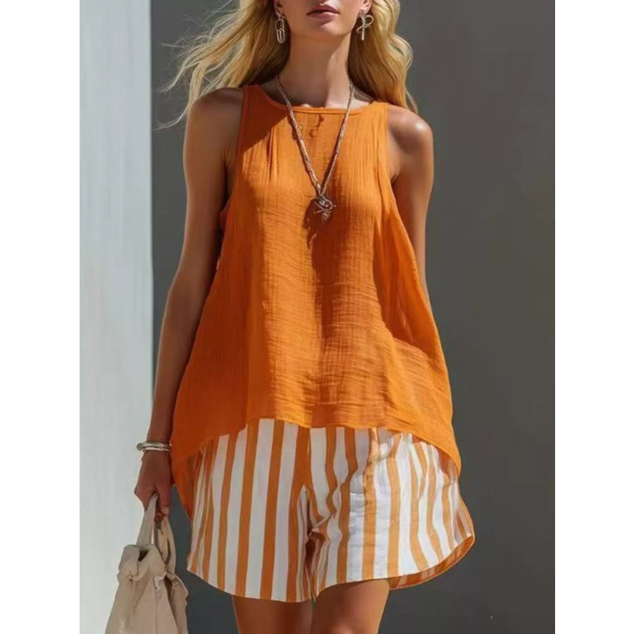 Round Neck Tank and Striped Shorts Set Tangerine / S Apparel and Accessories