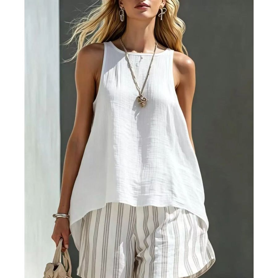 Round Neck Tank and Striped Shorts Set White / S Apparel and Accessories