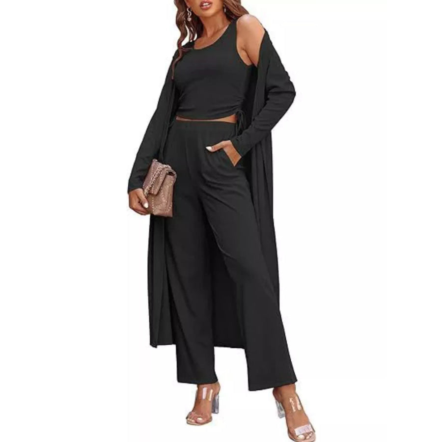 Round Neck Tank & Cardigan Pants Set Apparel and Accessories