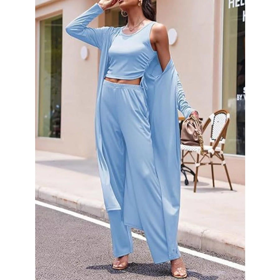 Round Neck Tank & Cardigan Pants Set Apparel and Accessories