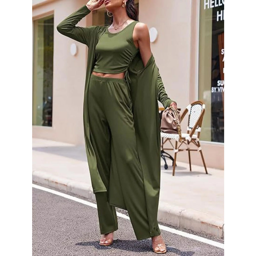 Round Neck Tank & Cardigan Pants Set Apparel and Accessories