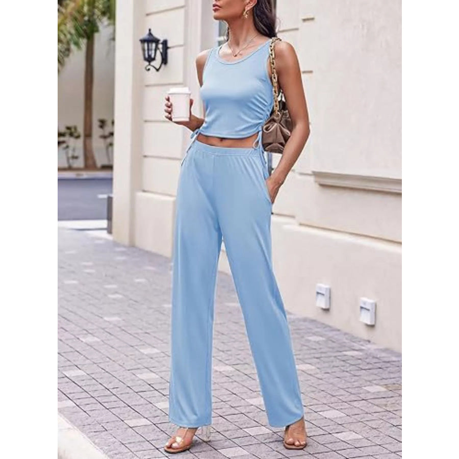 Round Neck Tank & Cardigan Pants Set Apparel and Accessories