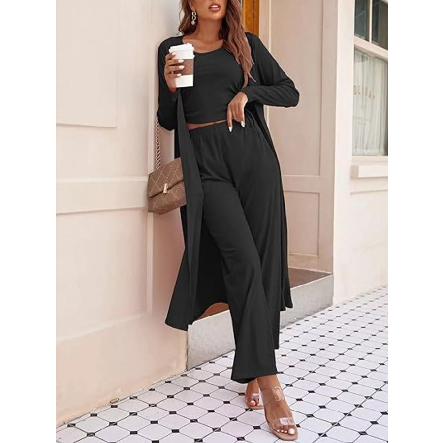 Round Neck Tank & Cardigan Pants Set Black / S Apparel and Accessories