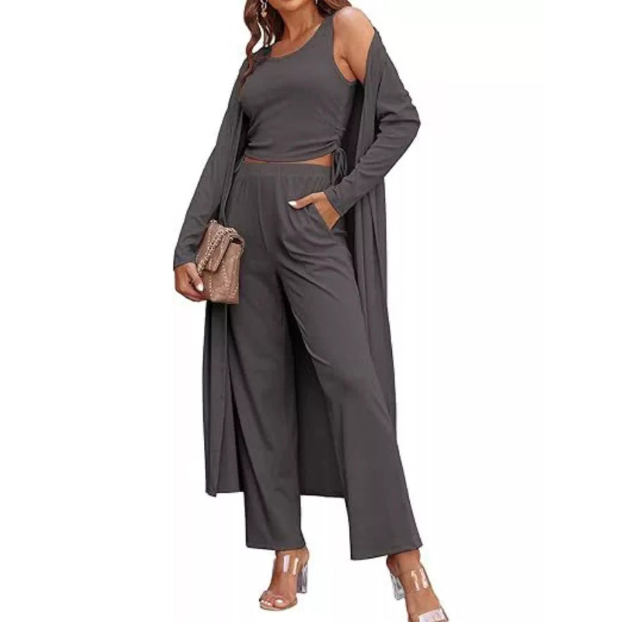 Round Neck Tank & Cardigan Pants Set Gray / S Apparel and Accessories