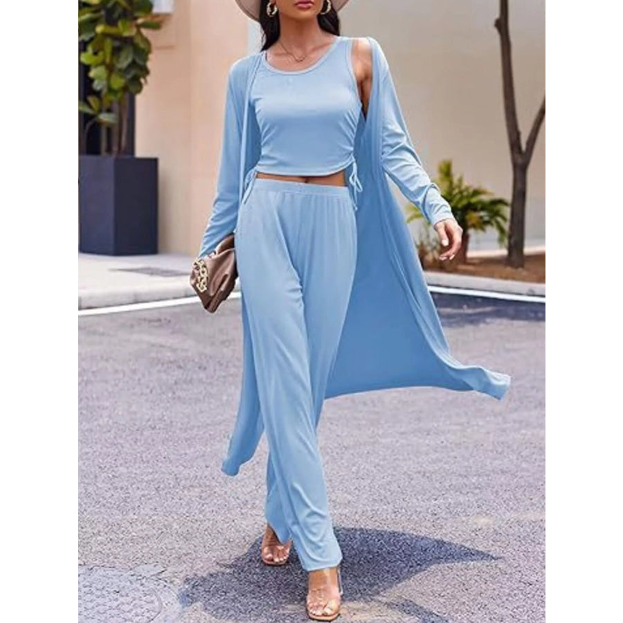 Round Neck Tank & Cardigan Pants Set Light Blue / S Apparel and Accessories