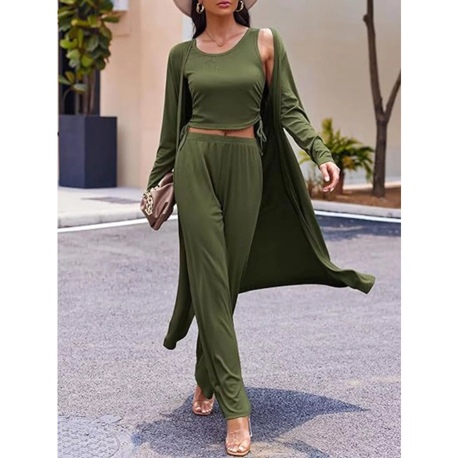 Round Neck Tank & Cardigan Pants Set Military Green / S Apparel and Accessories