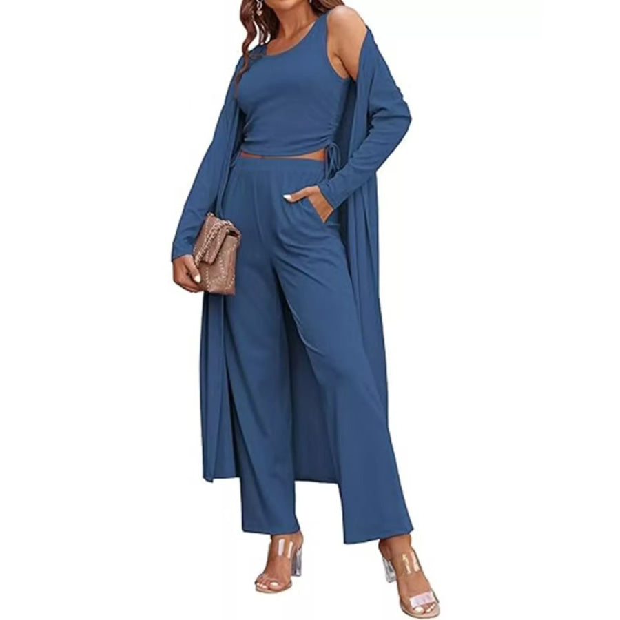Round Neck Tank & Cardigan Pants Set Navy Blue / S Apparel and Accessories