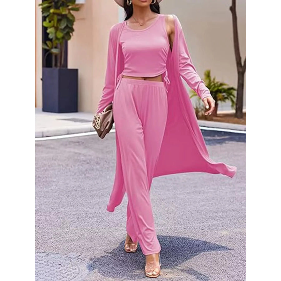 Round Neck Tank & Cardigan Pants Set Pink / S Apparel and Accessories