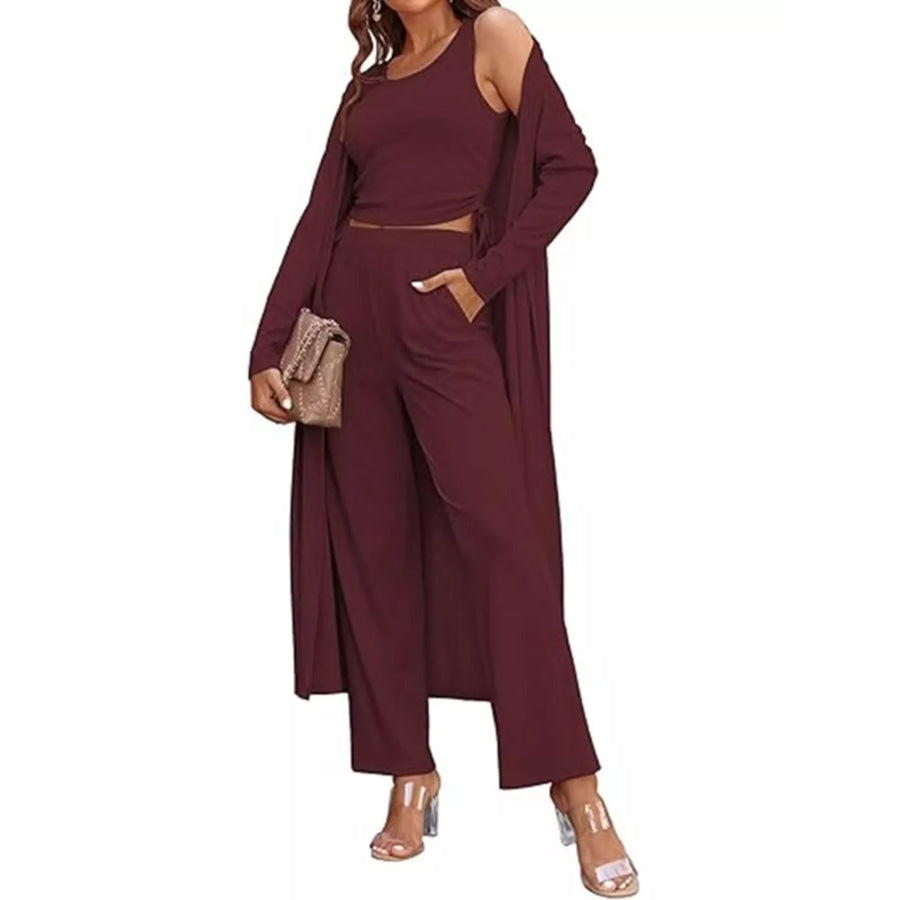Round Neck Tank & Cardigan Pants Set Wine Red / S Apparel and Accessories