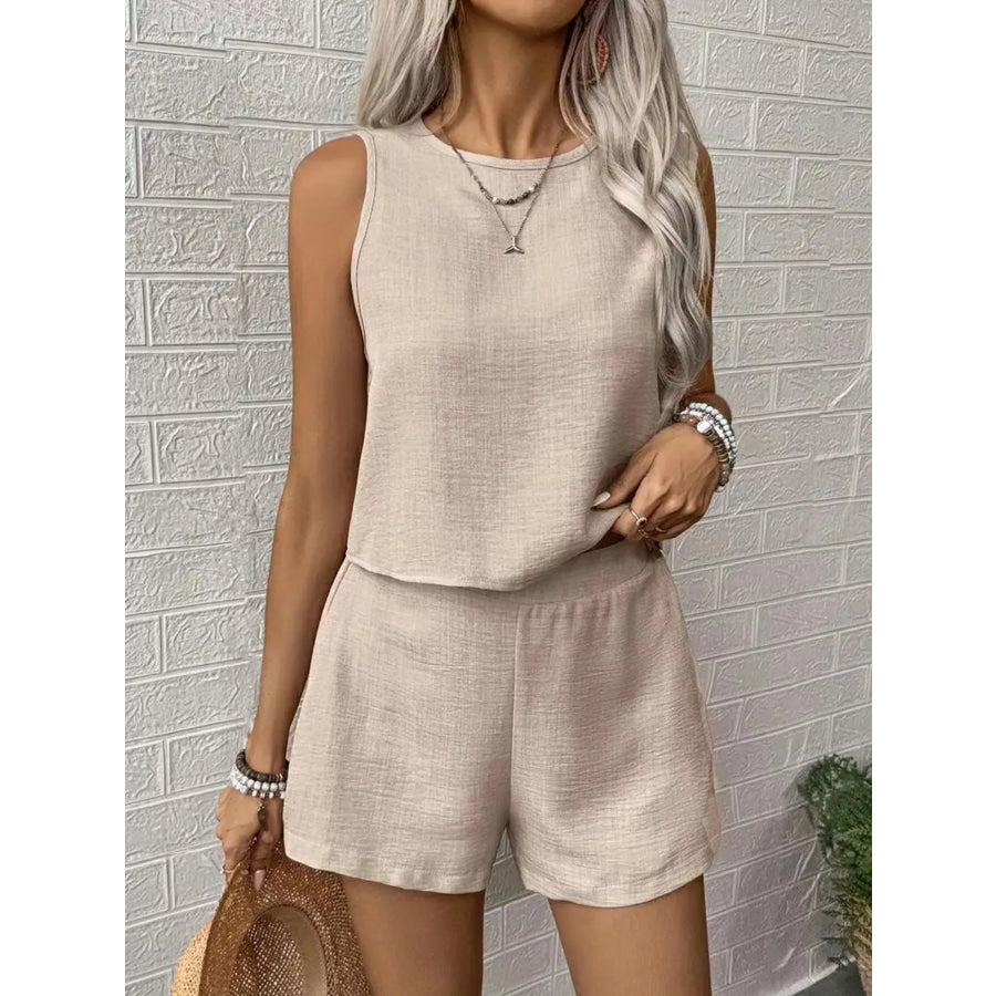 Round Neck Tank Top and Shorts Set Dust Storm / S Apparel and Accessories
