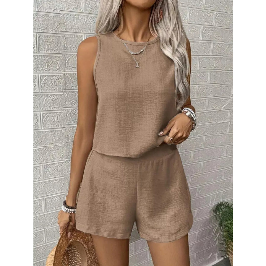 Round Neck Tank Top and Shorts Set Taupe / S Apparel and Accessories