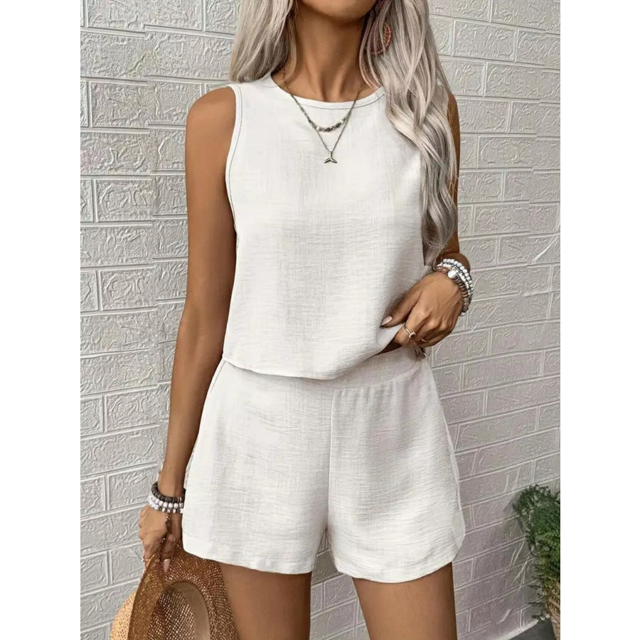 Round Neck Tank Top and Shorts Set White / S Apparel and Accessories