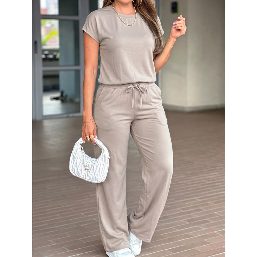 Round Neck Tee and Drawstring Pants Set Khaki / S Apparel and Accessories