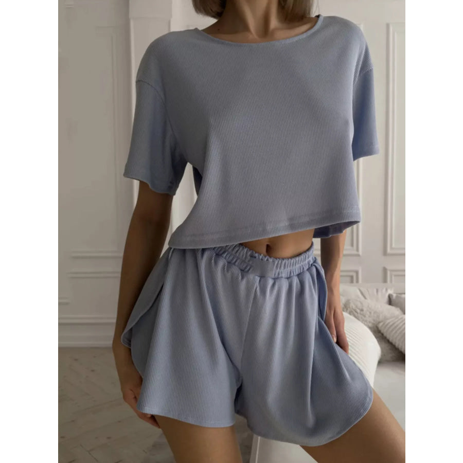 Round Neck Tee and Shorts Set Light Blue / S Apparel Accessories