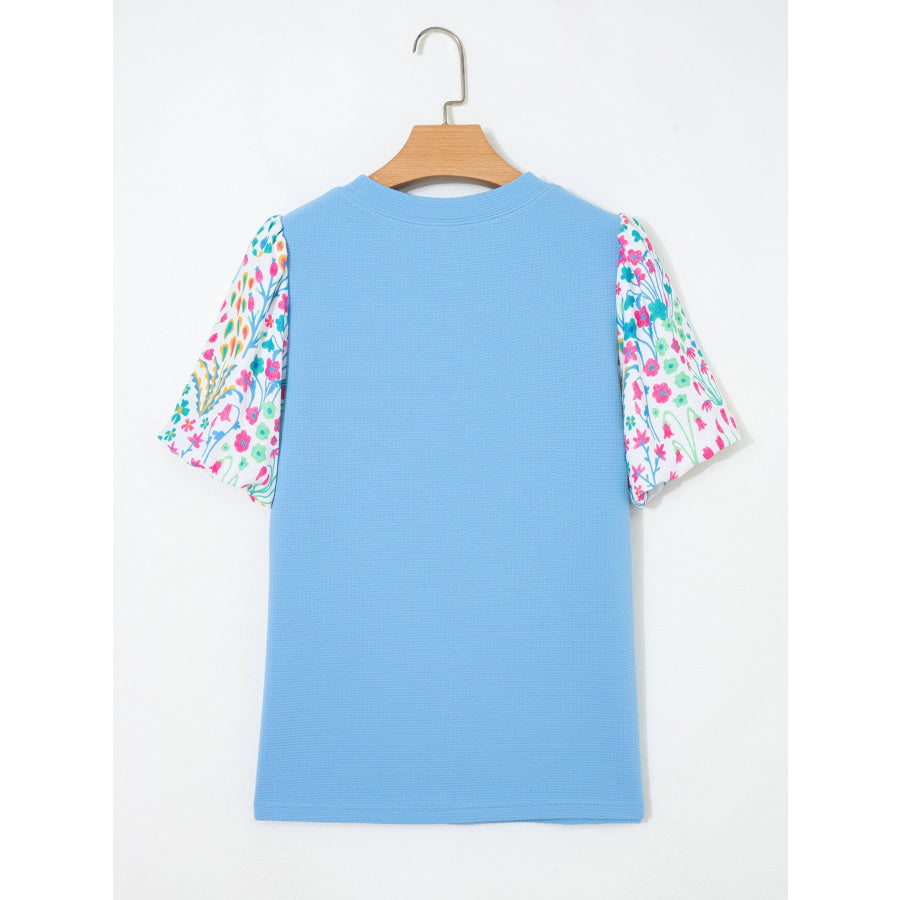 Round Neck Textured Contrast Floral Bubble Sleeve Blouse Apparel and Accessories
