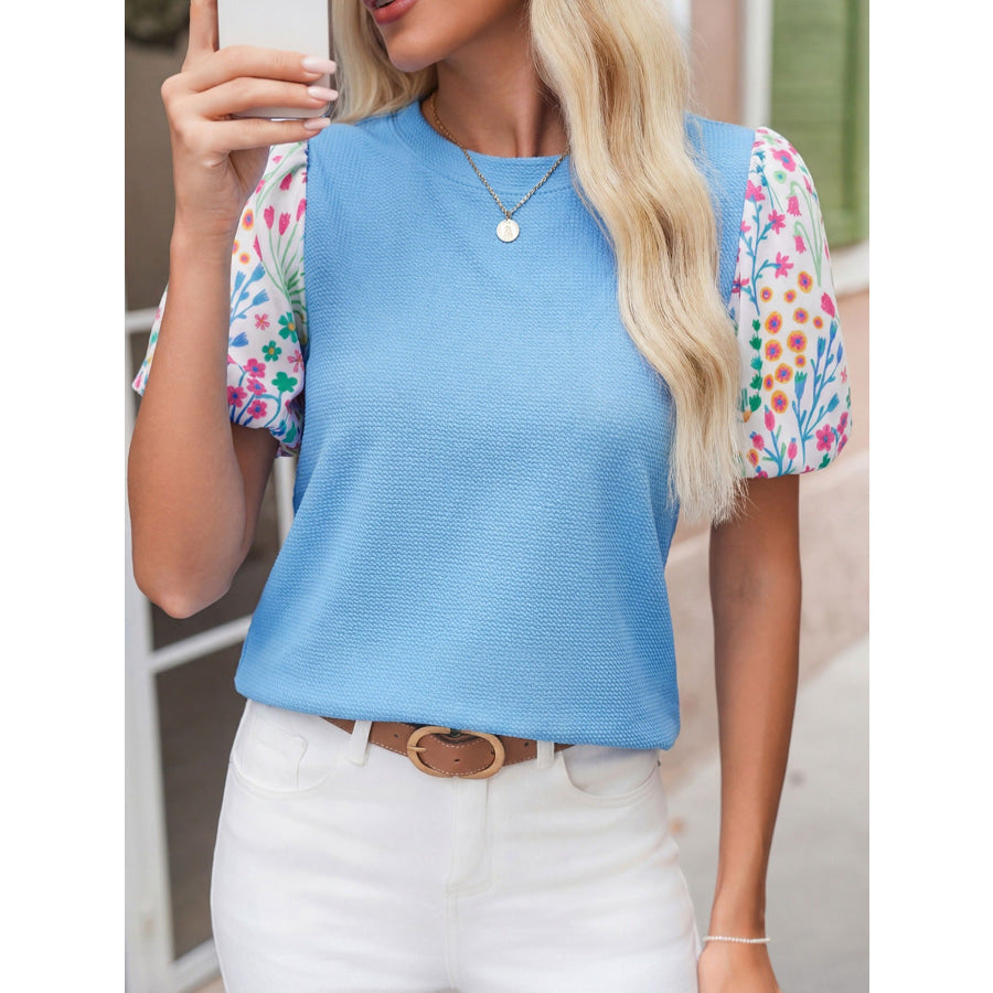 Round Neck Textured Contrast Floral Bubble Sleeve Blouse Apparel and Accessories