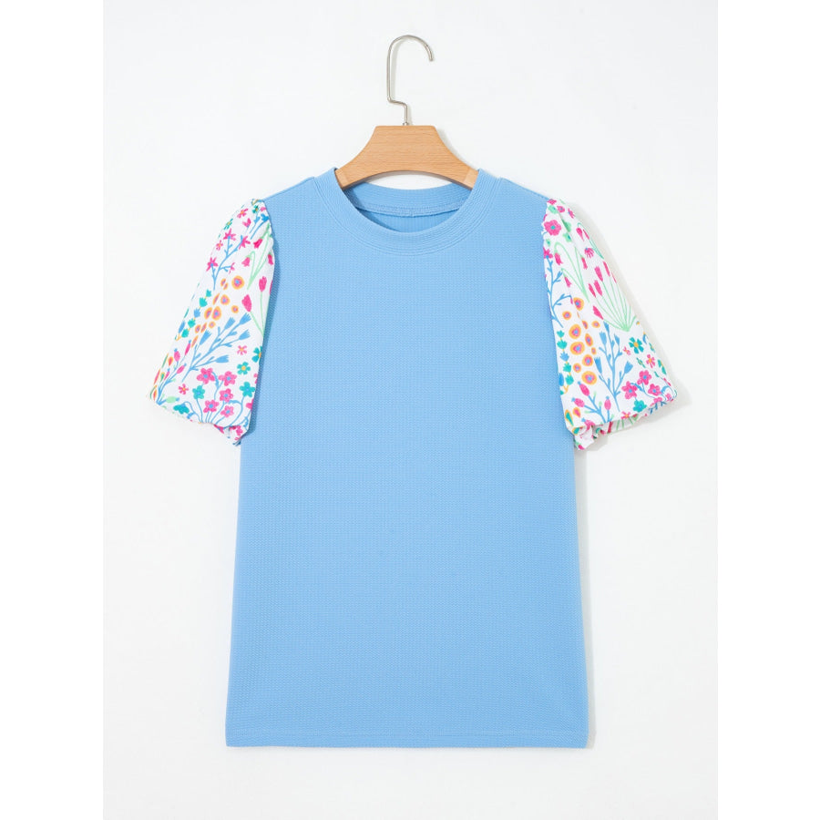 Round Neck Textured Contrast Floral Bubble Sleeve Blouse Apparel and Accessories