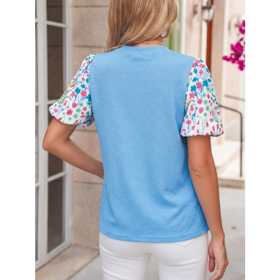 Round Neck Textured Contrast Floral Bubble Sleeve Blouse Apparel and Accessories