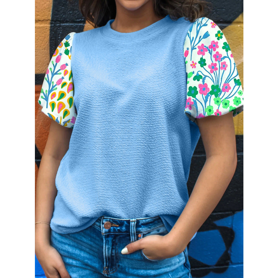 Round Neck Textured Contrast Floral Bubble Sleeve Blouse Light Blue / S Apparel and Accessories