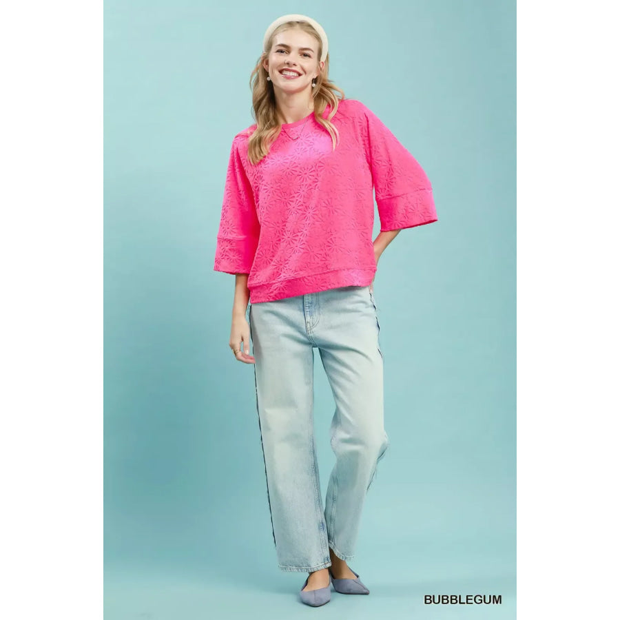 Round Neck Textured Floral Terry Blouse Apparel and Accessories